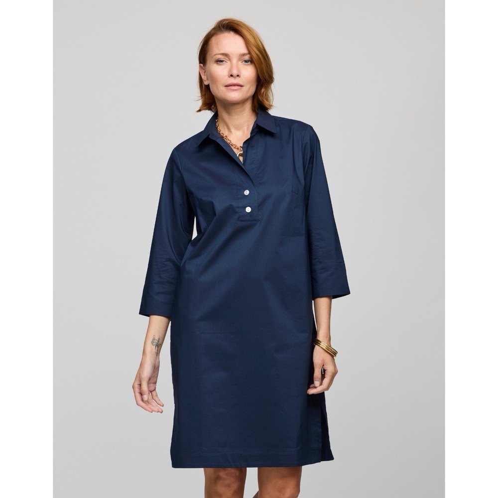 HINSON WU Charlotte Shirt Dress Small Navy Blue 3/4 Sleeve Button Back Collared
